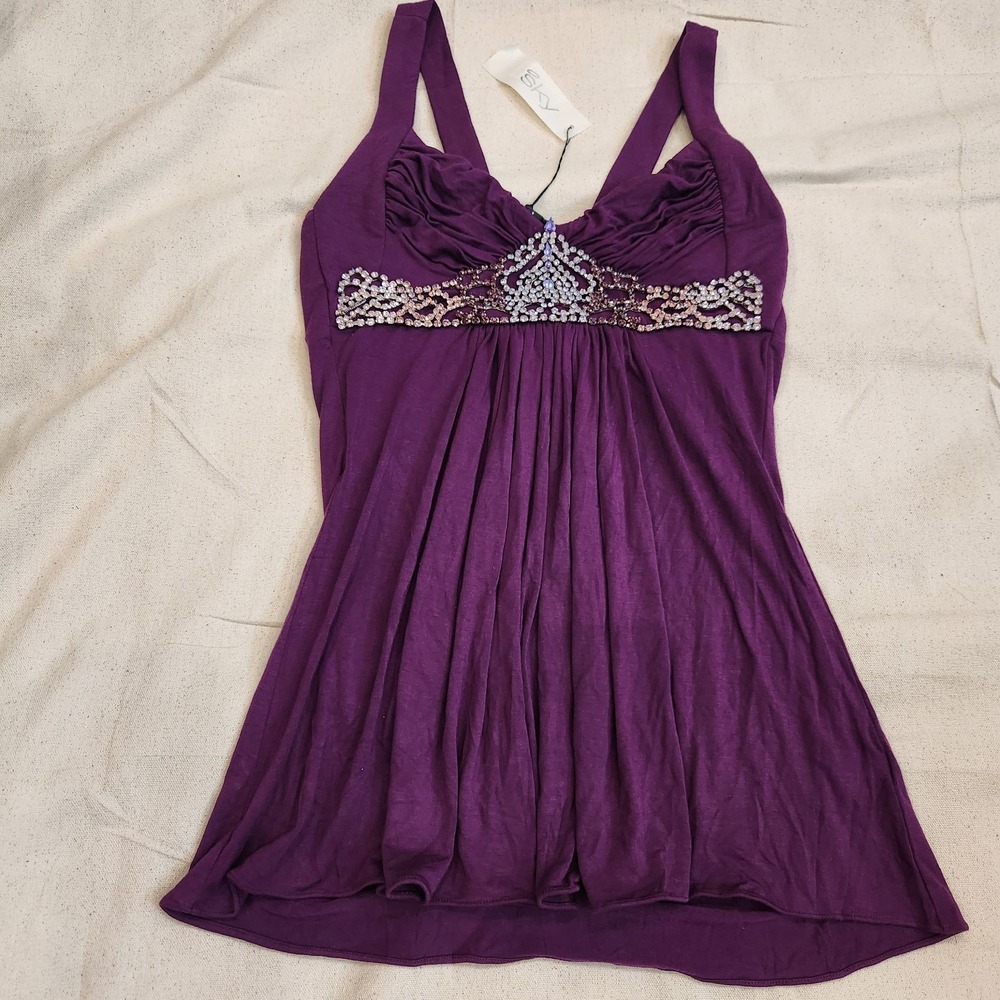 New Sky Los Angeles Purple Rhinestone Embellished Empire Waist Top $179 L Large